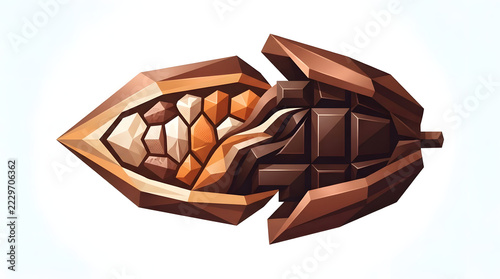 Cacao Pod Split Open Revealing Chocolate Bar And Cocoa Beans Inside