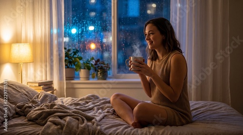 Cozy Rainy Night Relaxation – Woman Drinking Tea by the Window in a Warm Bedroom