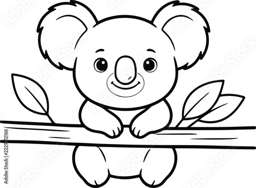 Cute koala coloring page for kids, cartoon koala bear sitting on tree branch outline vector, adorable animal line art worksheet