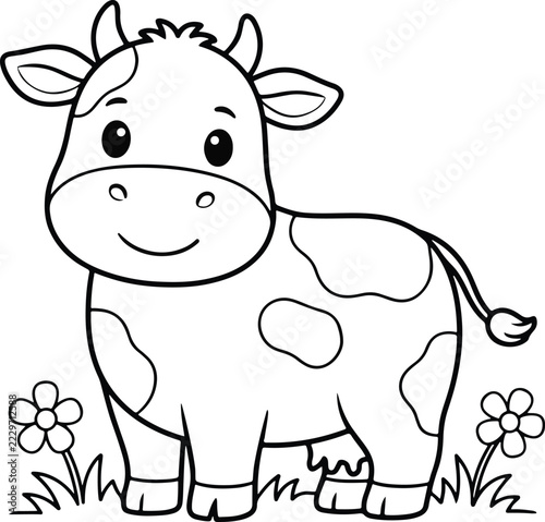 Cute Cow Coloring Page Vector, Line Art Farm Animal Illustration, Black and White Cartoon Calf Outline for Kids Activity Sheets