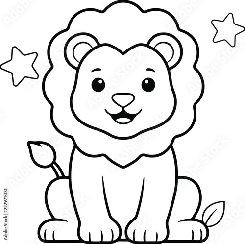 Cute lion cub coloring page vector, cartoon animal line art for kids, black and white lion outline illustration
