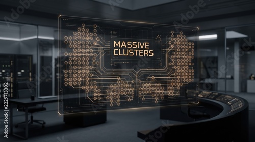 Futuristic holographic display revealing intricate digital network architecture and massive data clusters, symbolizing advanced artificial intelligence and complex computing solutions