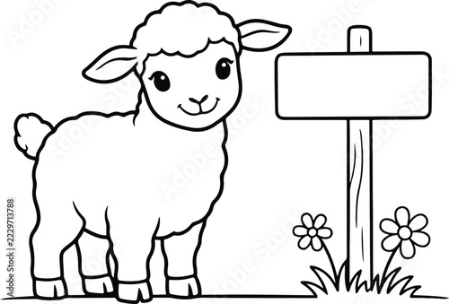 Cute Lamb Coloring Page, Cute Baby Sheep Line Art Vector Illustration, Farm Animal Outline Graphic with Blank Signpost
