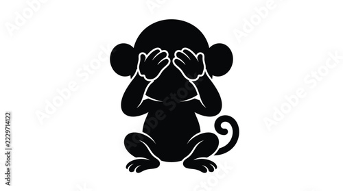 Sticker Sitting monkey covering eyes is depicted as a black silhouette