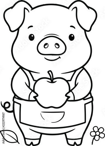 Cute pig coloring page vector, cartoon piggy holding apple line art, farm animal character for kids coloring book activity