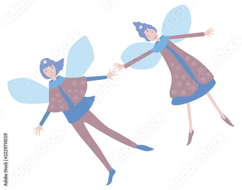 Elves couple flying, fictional cartoon characters, vector illustration on white background
