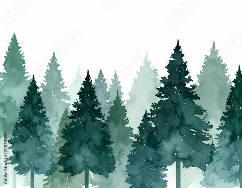 Watercolor Painting of Green Pine Trees in a Forest Setting