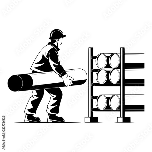 Worker Carrying Pipe: A construction worker in a hard hat and work clothes carries a large pipe towards a rack of similar pipes, illustrating industrial labor.