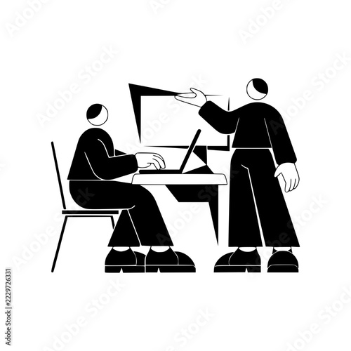 Collaboration in the Workplace: Two figures in a minimalist black and white illustration engage in a discussion, one seated at a desk with a laptop.
