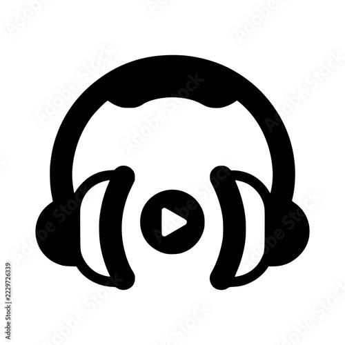 Headphones with Play Button Icon: A simple graphic icon representing headphones with a central play button, symbolizing audio, music, and digital media playback.