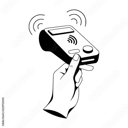 Wireless Payment Device: A close-up illustration shows a hand holding a handheld device, with radio waves emanating from it, indicating wireless communication for payment.