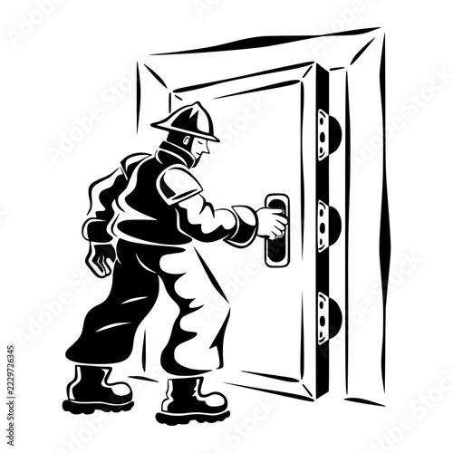 Firefighter at the Door: A stylized illustration depicts a firefighter in full gear, helmet and protective clothing, reaching to open a heavy, reinforced door.