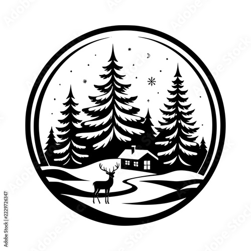 Winter Wonderland Scene: A stylized illustration depicts a serene winter landscape within a circular frame.