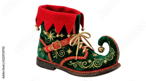 Elf boot, photorealistic festive green and red curled-toe boot with decorative gold jingle-bell detail, whimsical Christmas styling and finely crafted textile texture, side three-quarter view, sharp