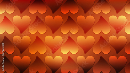 Fotografie Warm and inviting background featuring a repeating pattern of stylized hearts and spades in shades of orange and red, evoking feelings of passion and warmth