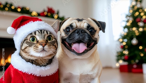 Cute tabby cat in a Santa Claus costume and a happy pug dog posing together in a festive living room with a Christmas tree and fireplace