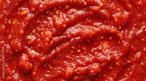 Close up overhead view of thick red tomato sauce texture with visible small seeds and chunky pulp pieces creating a rustic organic pattern across the frame