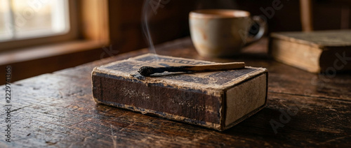 Vintage matchbox with smoldering match cup and old book on wooden table cozy atmosphere