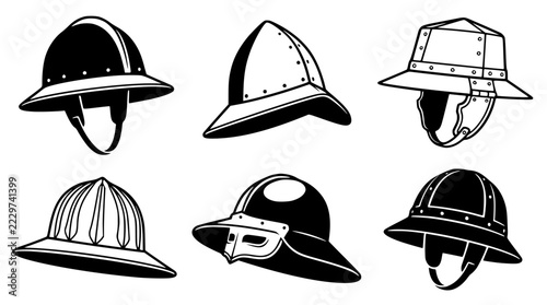Six black and white helmet illustrations