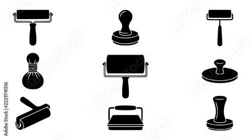 Black and white roller and stamp icons set
