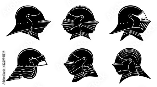 Six black silhouette knight helmets in profile view