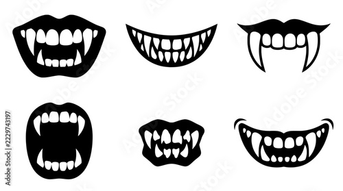 Vampire fangs vector set, spooky monster mouths and teeth illustrations for Halloween design