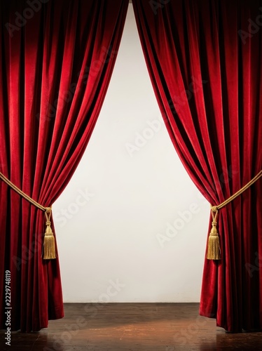 Red Velvet Theater Curtains Open with Gold Tassels and Wooden Stage Floor for Performance Background