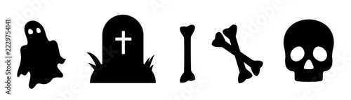 Halloween icon set. Ghost, grave, tombstone, skull and crossbones. Hand-drawn vector icons.