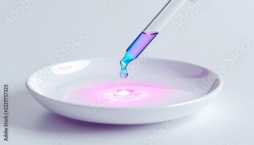 Scientific pipette dropping blue and purple liquid into a white dish with a glowing pink ripple effect, conceptual lab research and skincare development background.