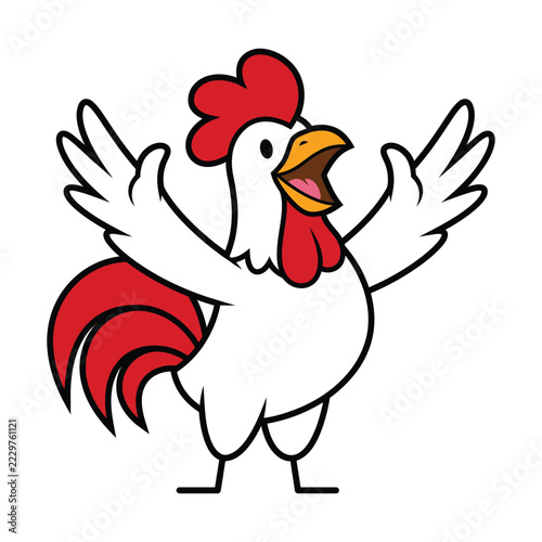 Cute White Rooster Mascot Vector Graphic Illustration with Cheerful Open Arms Expression