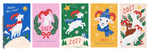 Fotografie Year of the goat 2027 chinese new year greeting cards with playful goats illustrations