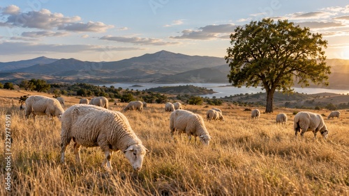 Sheep grazing on a dry golden hillside beside a lone tree in soft sunlight