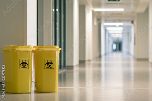 Two yellow biohazard waste bins with biohazard symbol in a sterile, empty hospital corridor, suggesting infection control and waste disposal