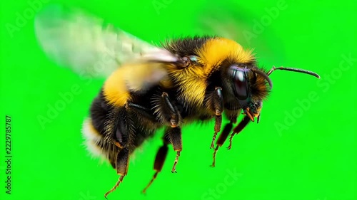 Detailed macro shot of a fuzzy bumblebee flying actively against a bright solid green background studio setting