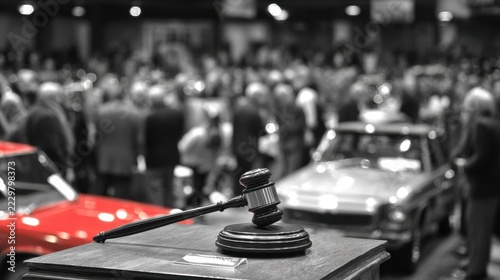 Gavel poised on auction podium in crisp detail background filled with indistinct crowd and vehicles capturing intense auction excitement.