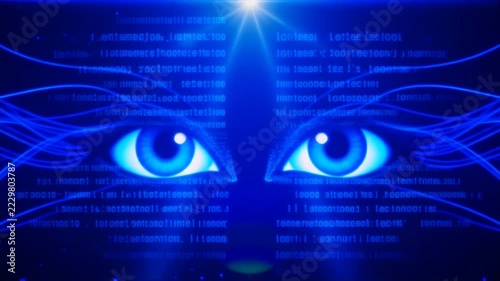 暗闇の中で強い光を放つ青い瞳と前後に交差する光のコードがドラマチックな奥行きとミステリアスな雰囲気を作り出す映画的サイバー空間