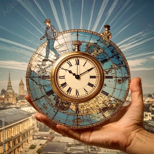 World globe with vintage clock in human hand symbolizing time, global future and urgency to protect the planet