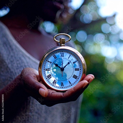 World globe with vintage clock in human hand symbolizing time, global future and urgency to protect the planet