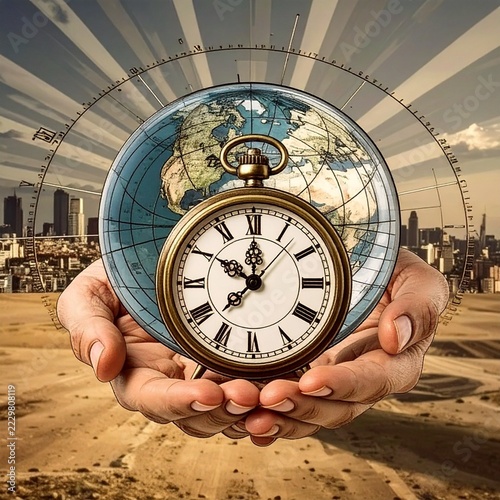 World globe with vintage clock in human hand symbolizing time, global future and urgency to protect the planet