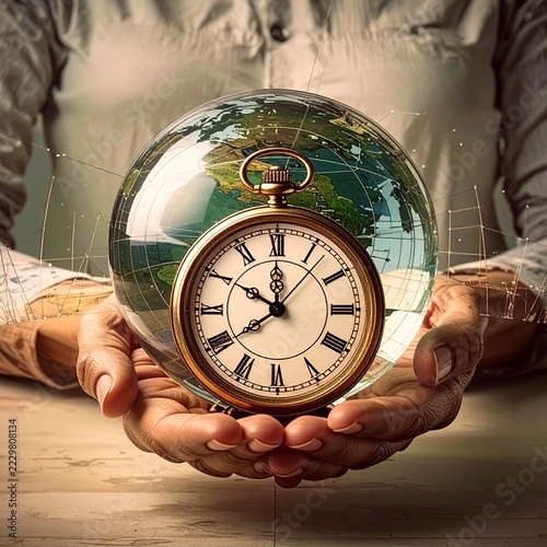 World globe with vintage clock in human hand symbolizing time, global future and urgency to protect the planet