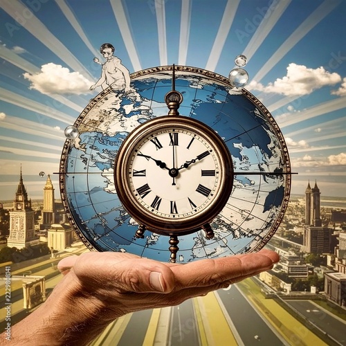 World globe with vintage clock in human hand symbolizing time, global future and urgency to protect the planet