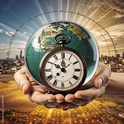 World globe with vintage clock in human hand symbolizing time, global future and urgency to protect the planet