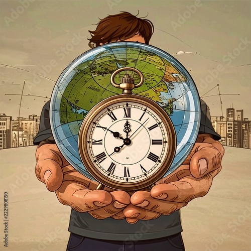 World globe with vintage clock in human hand symbolizing time, global future and urgency to protect the planet