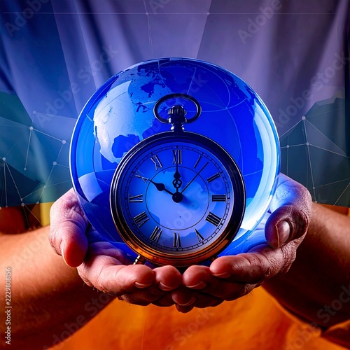 World globe with vintage clock in human hand symbolizing time, global future and urgency to protect the planet