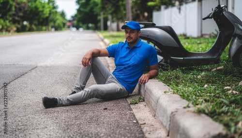Exhausted delivery man in blue uniform sitting on the curb next to his scooter, taking a much-needed break on a suburban street.