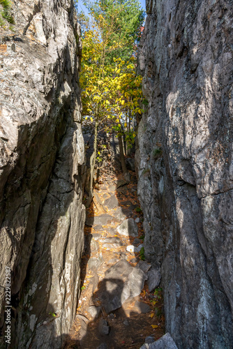 View of a rocky crevice known as The Crack in Killarney Provincial Park, Ontario, showcasing vibrant autumn foliage.