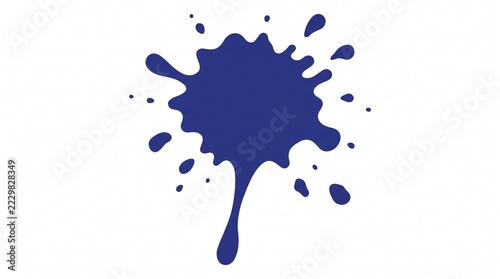 A bold blue paint splatter element with dynamic liquid droplets and irregular edges isolated against a simple plain solid clean white