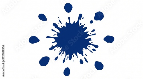 Dark blue paint splatter with circular droplets arranged around center on white background for creative design graphic and artistic projects