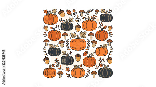 Seamless pattern with cute orange and black pumpkins acorns and mushrooms for autumn design