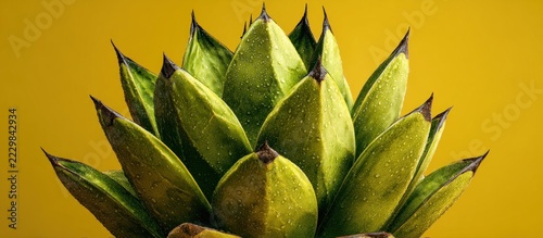 Close-up of a spiky, green plant with water droplets, set against a vibrant yellow backdrop